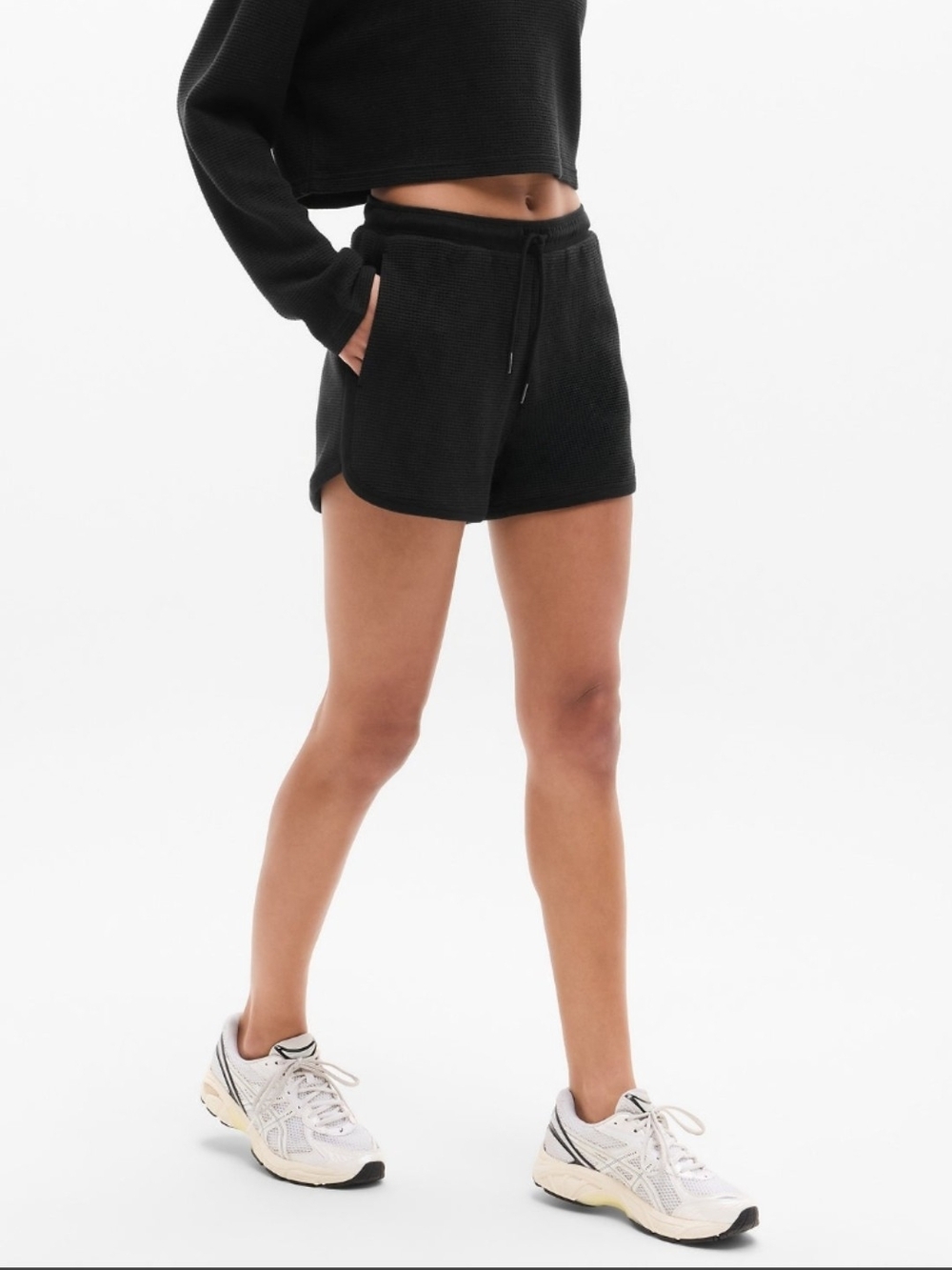Athleta Tranquil Waffle Black Shorts with Drawstring